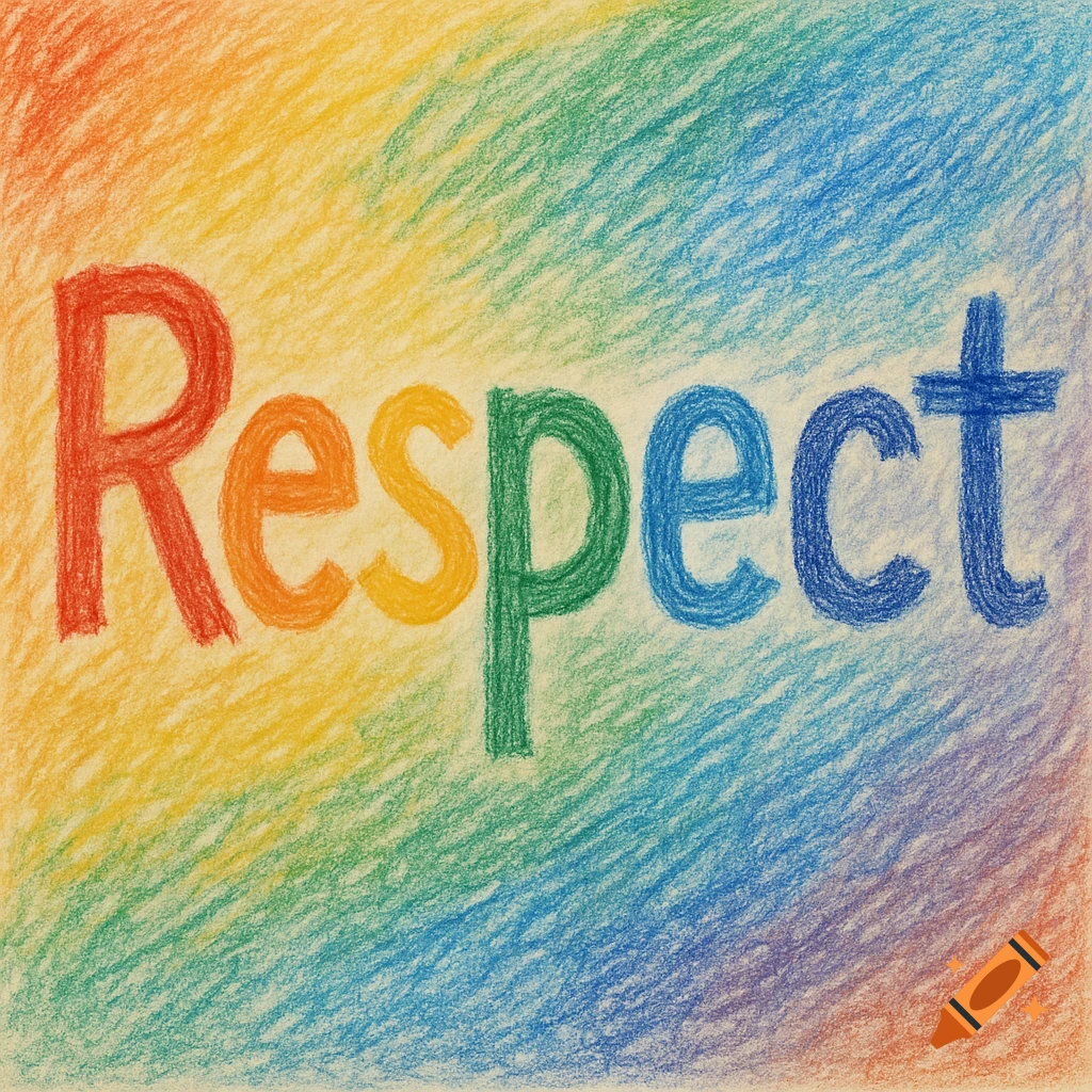 The word 'Respect' written in colorful crayon on a rainbow background.