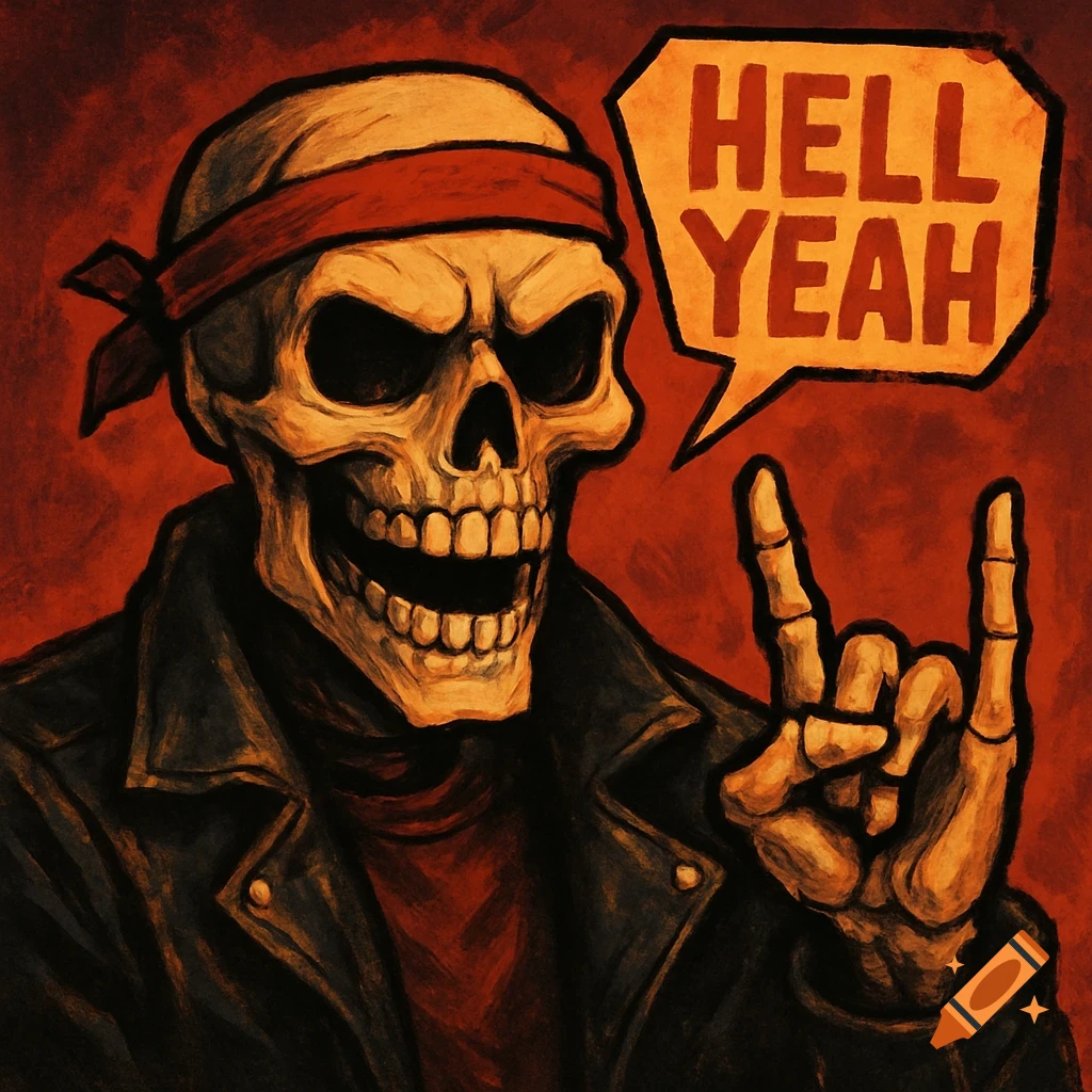 Stylized illustration of a skull in a red bandana and black leather jacket, making a rock-on gesture with a 'HELL YEAH' speech bubble.