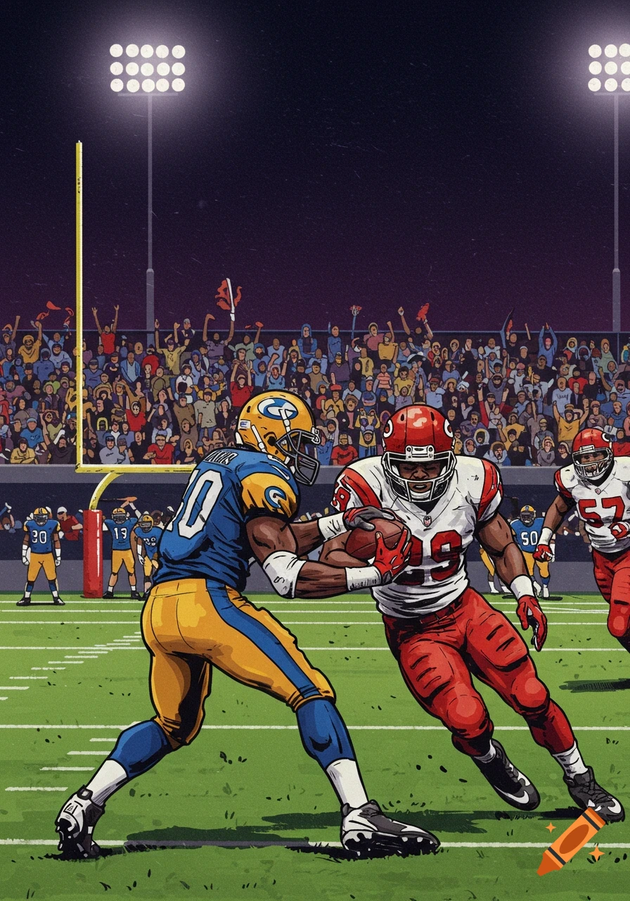 An illustration of an American football game with a player in a blue and yellow jersey tackling a player in a red and white jersey.