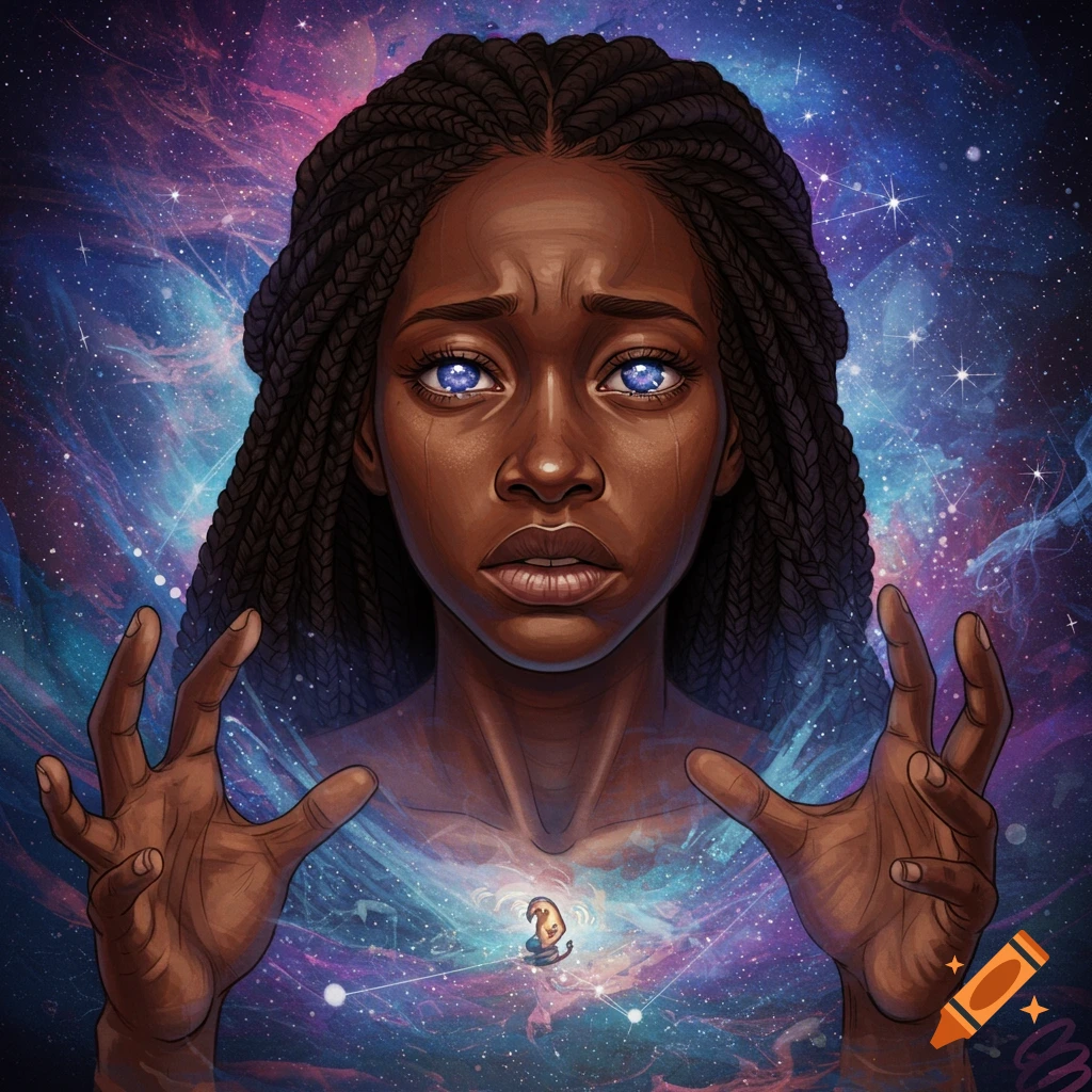 Fantasy portrait of a Black woman with braided hair and glowing blue eyes, tears on her face, against a cosmic background, hands raised.