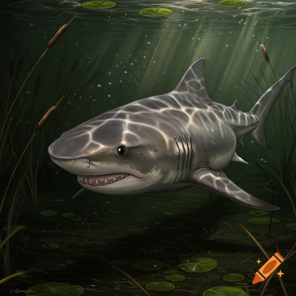 An illustration of a bull shark swimming in murky green water, with light patterns on its back and aquatic plants.