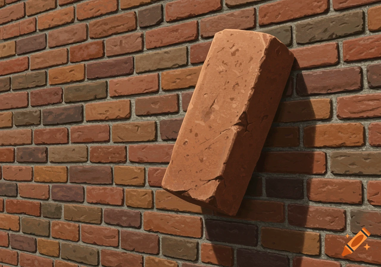 A close-up view of a brick wall with a single brick leaning against it at an angle.