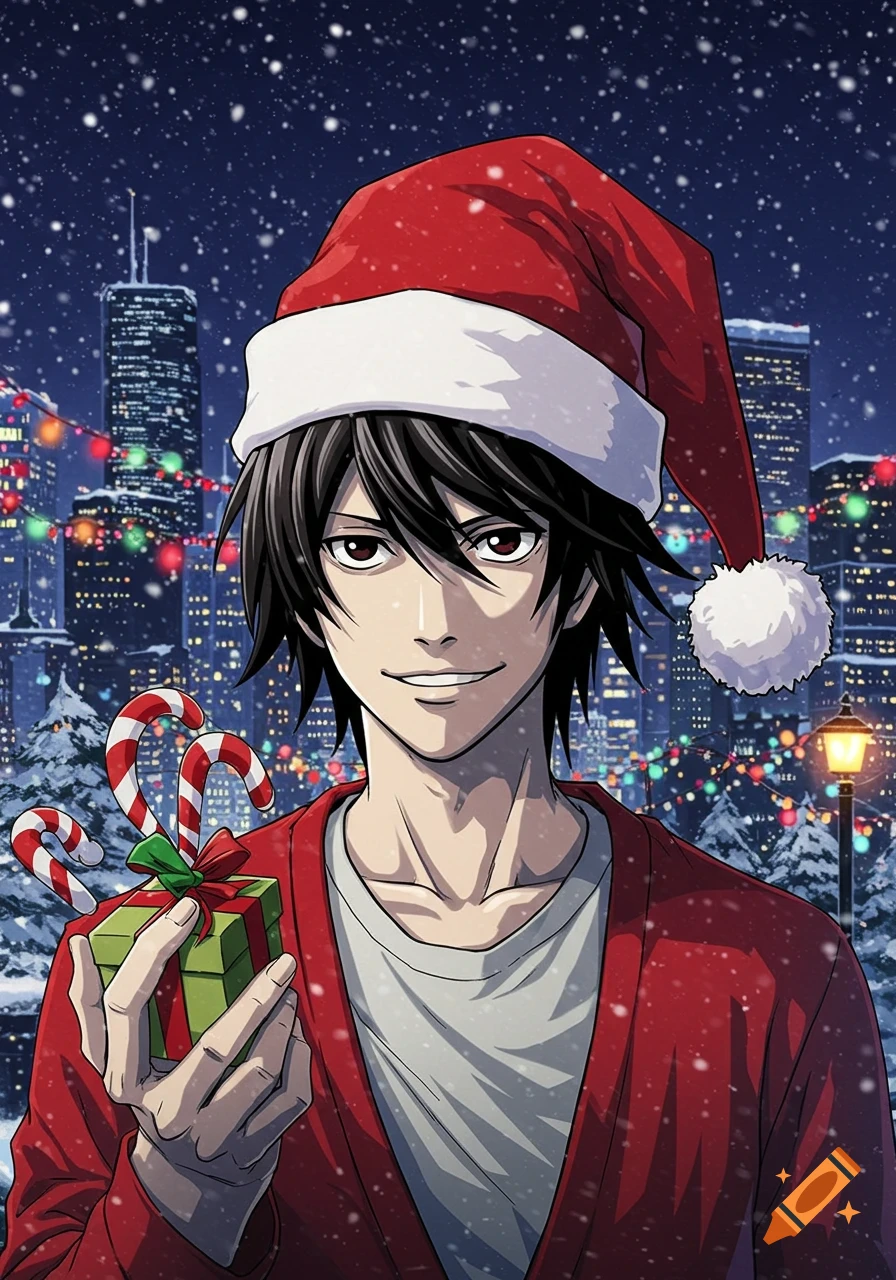 An anime character, Light Yagami, wearing a Santa hat and red coat, holding a Christmas gift and candy canes in a snowy city at night.