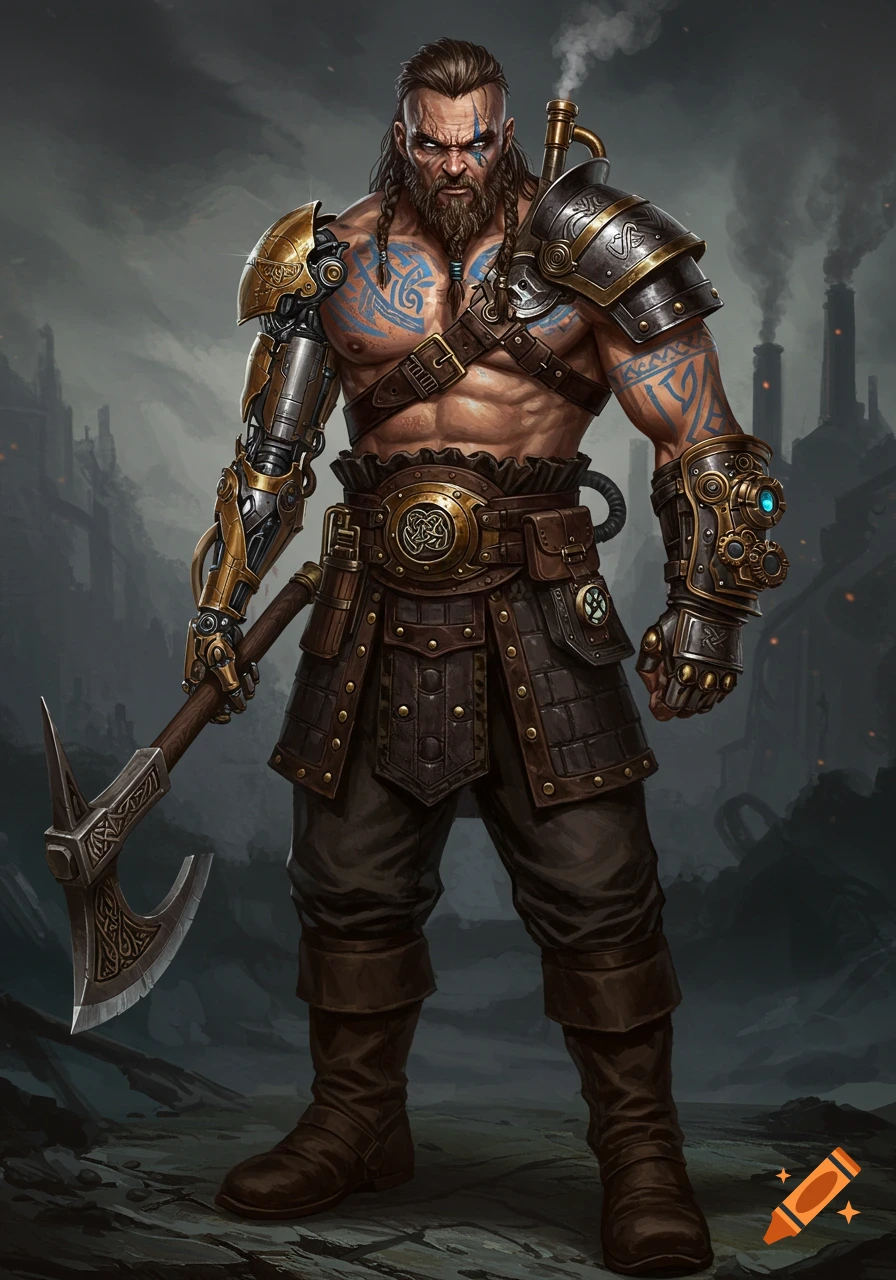 A full-body fantasy illustration of a muscular, bearded viking man with a robotic arm and steampunk armor, holding an axe.
