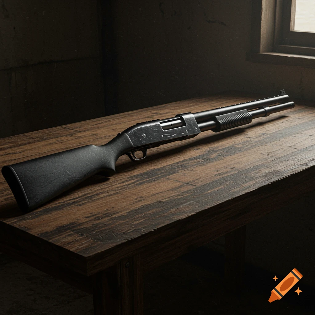 A black shotgun lies on a wooden table next to a window in a dimly lit room.