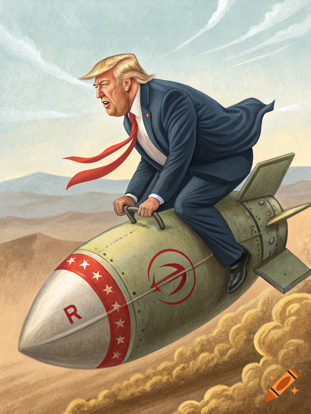 Caricature of Donald Trump riding a bomb over a desert landscape.