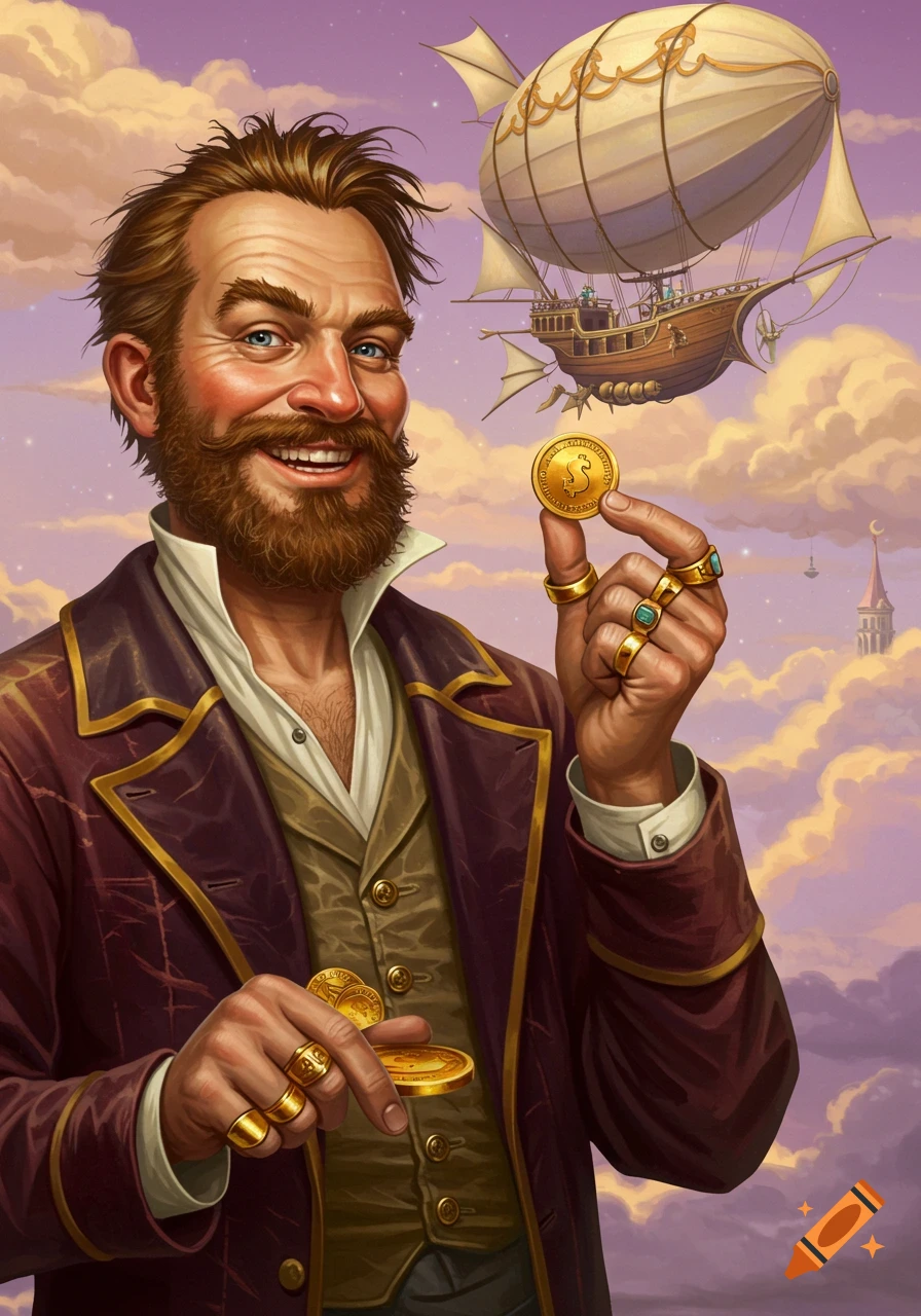 A smiling bearded man in vintage clothing holds a gold coin, with a large steampunk blimp in a cloudy sky background, in a fantasy art style.
