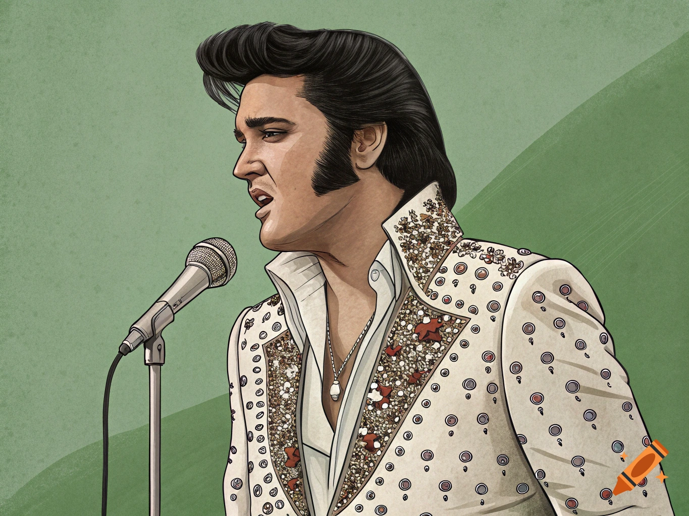 A caricature of Elvis Presley singing into a microphone, wearing a white bedazzled jumpsuit, against a green background.