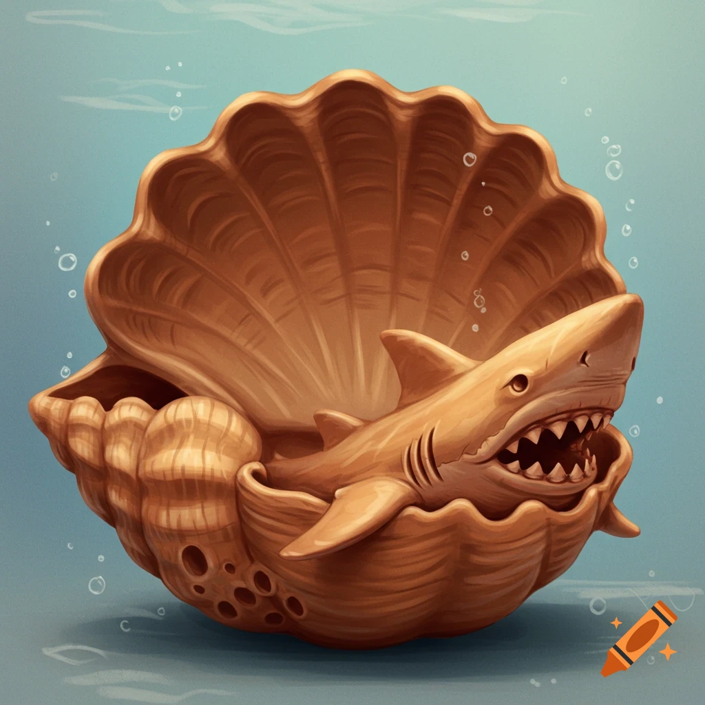 A stylized shark with jagged teeth inside a large, open seashell, with bubbles in an underwater setting.
