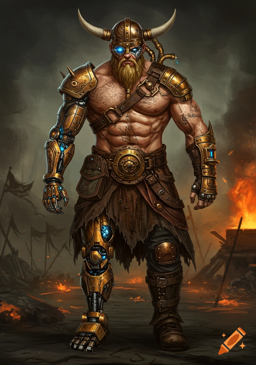 A muscled, bearded steampunk Viking with golden robotic limbs and a horned helmet stands on a fiery battlefield, digital illustration.