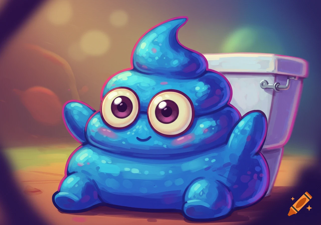 A cute, smiling blue cartoon character resembling a pile of feces with large eyes and small limbs sits on the floor in front of a toilet.