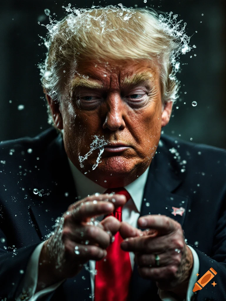 Photorealistic portrait of Donald Trump with water splashing around his face and hands.