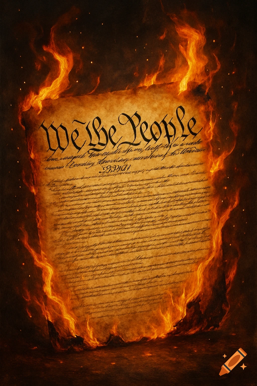 A parchment scroll inscribed with "We the People" engulfed in dramatic orange and red flames with flying embers.