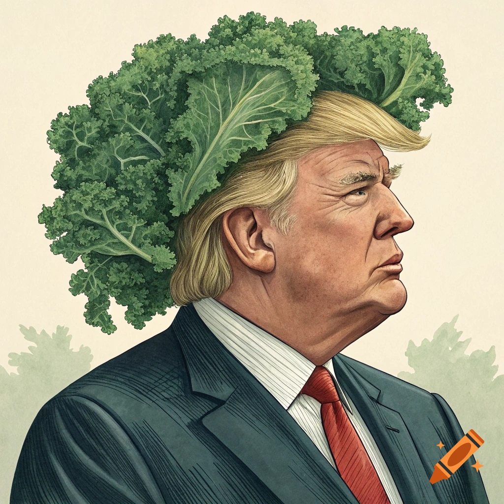 An illustrative portrait of Donald Trump from the side, with a voluminous head of green kale leaves instead of his hair.