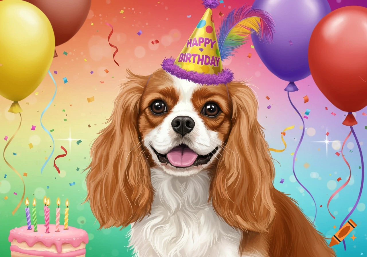 A photorealistic Cavalier King Charles spaniel dog wearing a 'Happy Birthday' hat, with balloons, confetti, and a birthday cake.