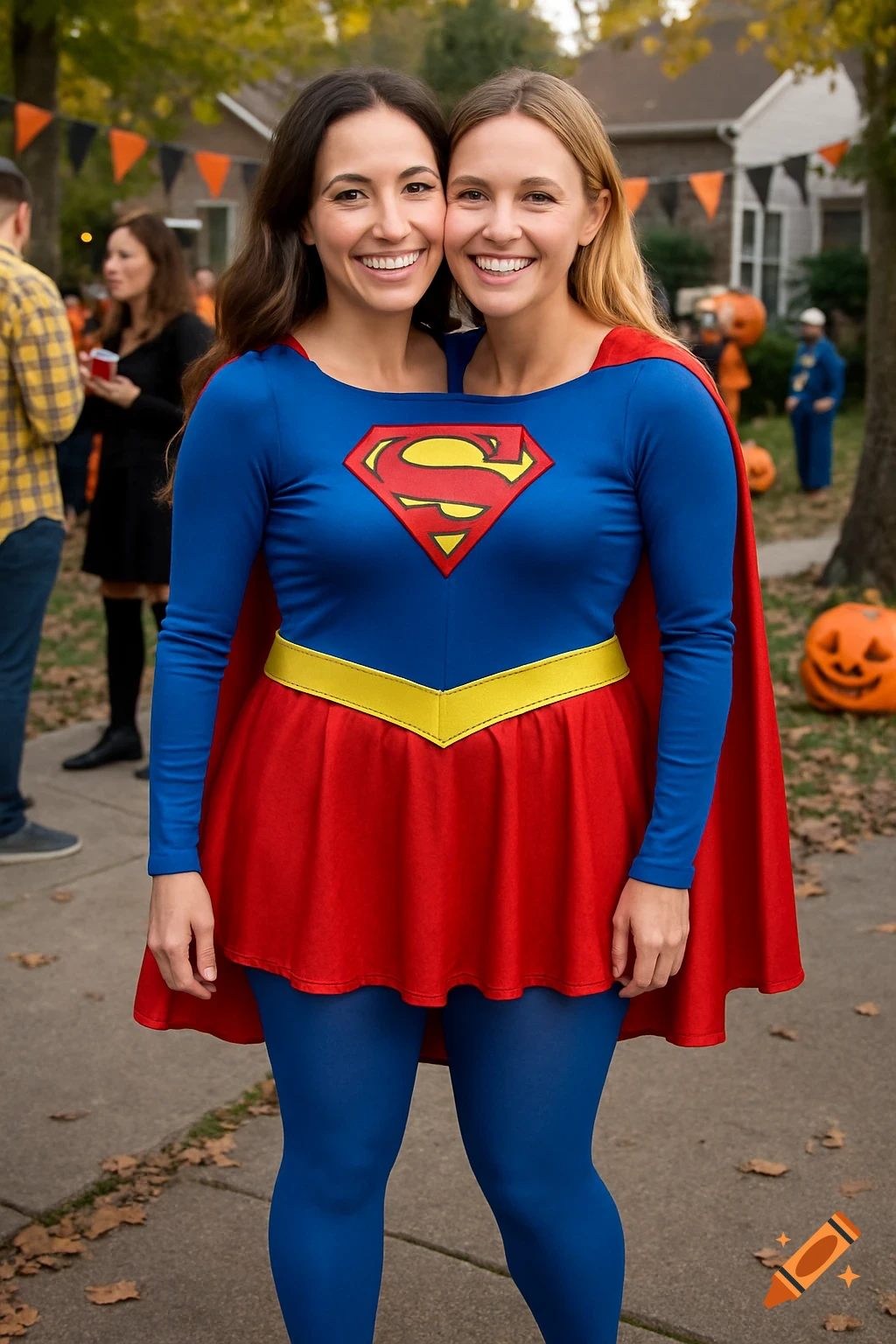 Two women with happy expressions pose for a photo, sharing a single Supergirl costume, creating a two-headed illusion, at an outdoor Halloween party.
