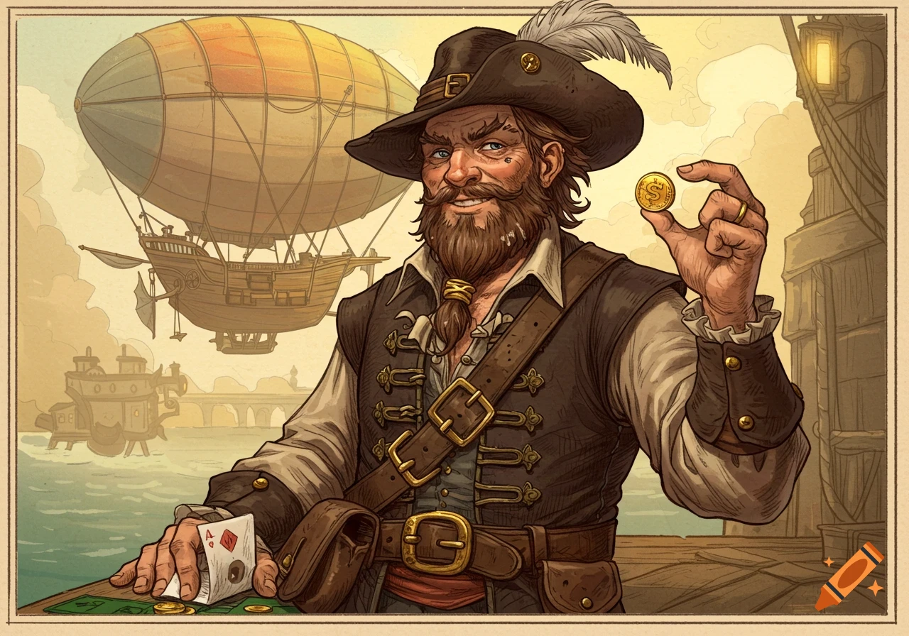 A bearded gambler in a pirate hat holds a gold coin and playing cards, with a large blimp flying over water in the background, in a vintage fantasy art style.