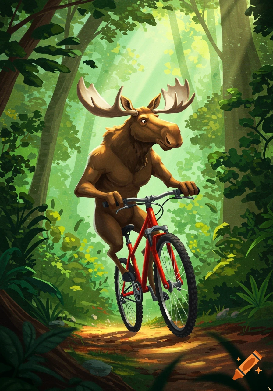 Cartoon moose with a muscular body rides a red mountain bike on a sunlit forest trail.