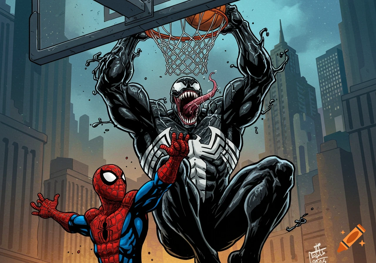 Comic book style illustration of Venom symbiote dunking a basketball over Spider-Man with a city background.