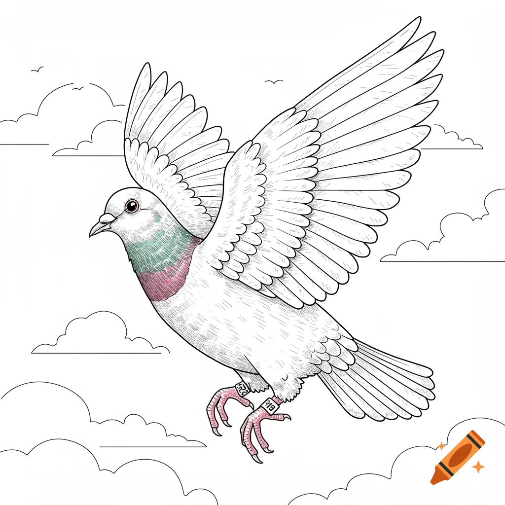 Line art coloring page of a racing pigeon flying with bands on its legs, set against a cloudy sky.