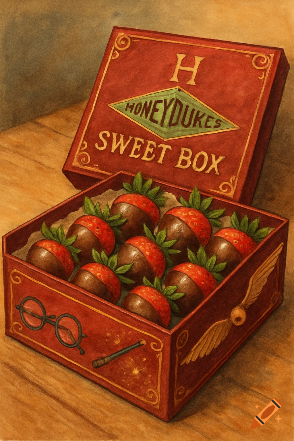 A box of chocolate-covered strawberries styled as a Harry Potter Honeydukes sweet box, with Harry's glasses and a wand. Illustrated style.