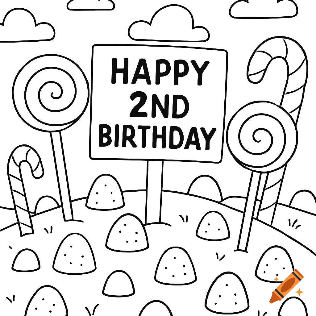 Black and white cartoon coloring page of a candyland with lollipops, candy canes, gumdrops, and a sign that reads 'Happy 2nd Birthday'.