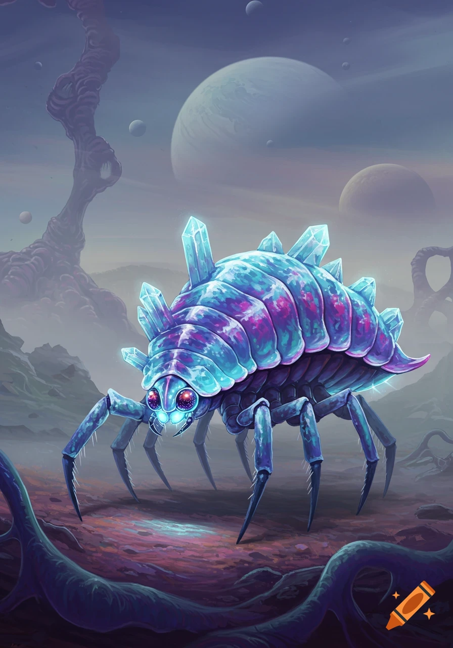 A vibrant blue and purple crystalline alien creature with multiple legs stands on a desolate alien planet, with large planets visible in the hazy sky.
