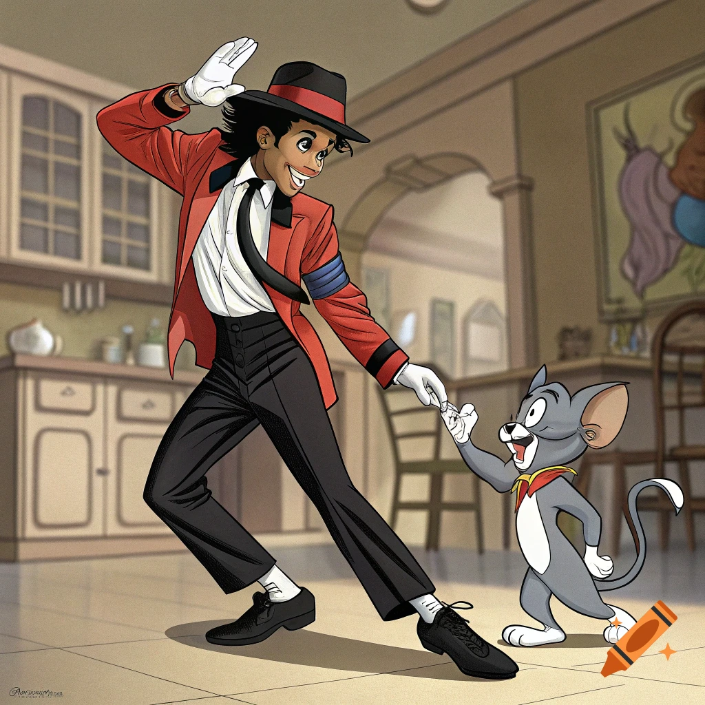 Cartoon Michael Jackson in a red jacket dancing with Tom the cat from Tom and Jerry in a house.