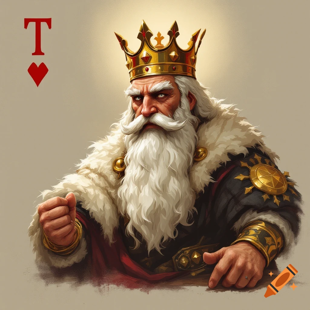 A regal king with a white beard and golden crown, depicted as a playing card with a large red 'T' and heart symbol.