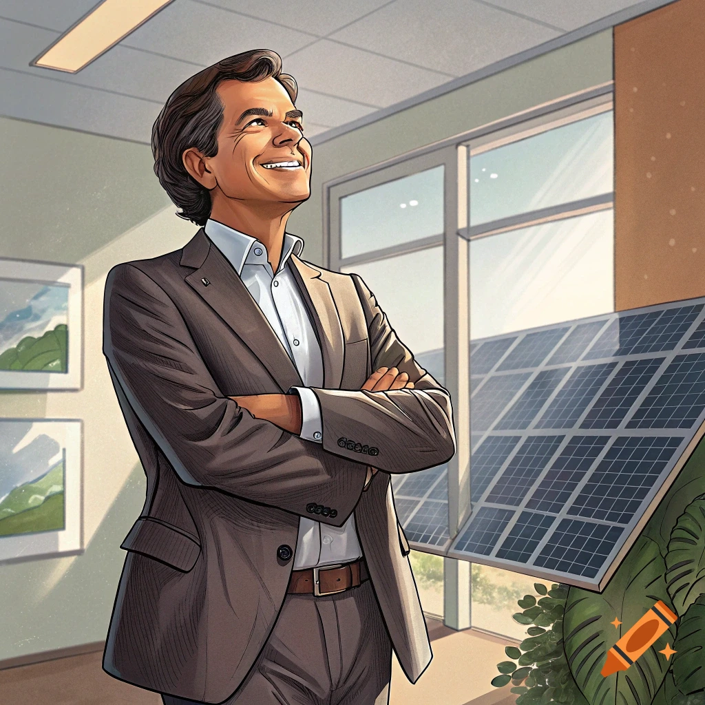 Illustrated man in a suit, smiling with arms crossed, in an office with a solar panel.