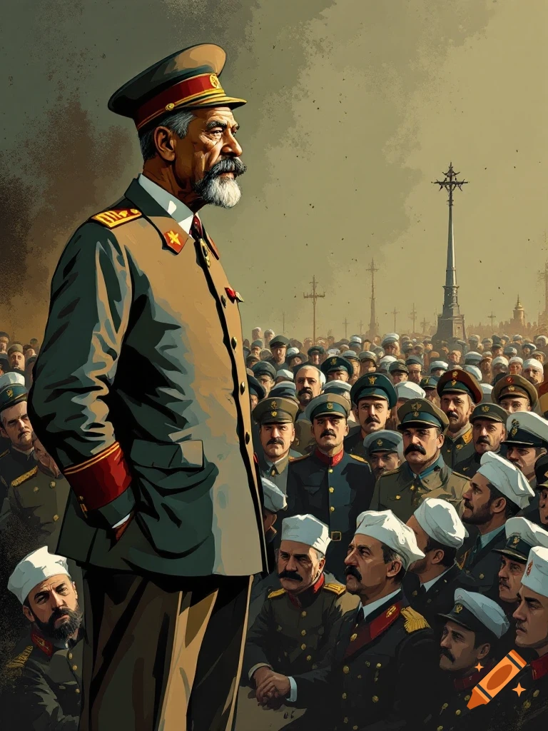 A tall general in Soviet uniform looks over a crowd of smaller Russian soldiers in a caricature comic style.