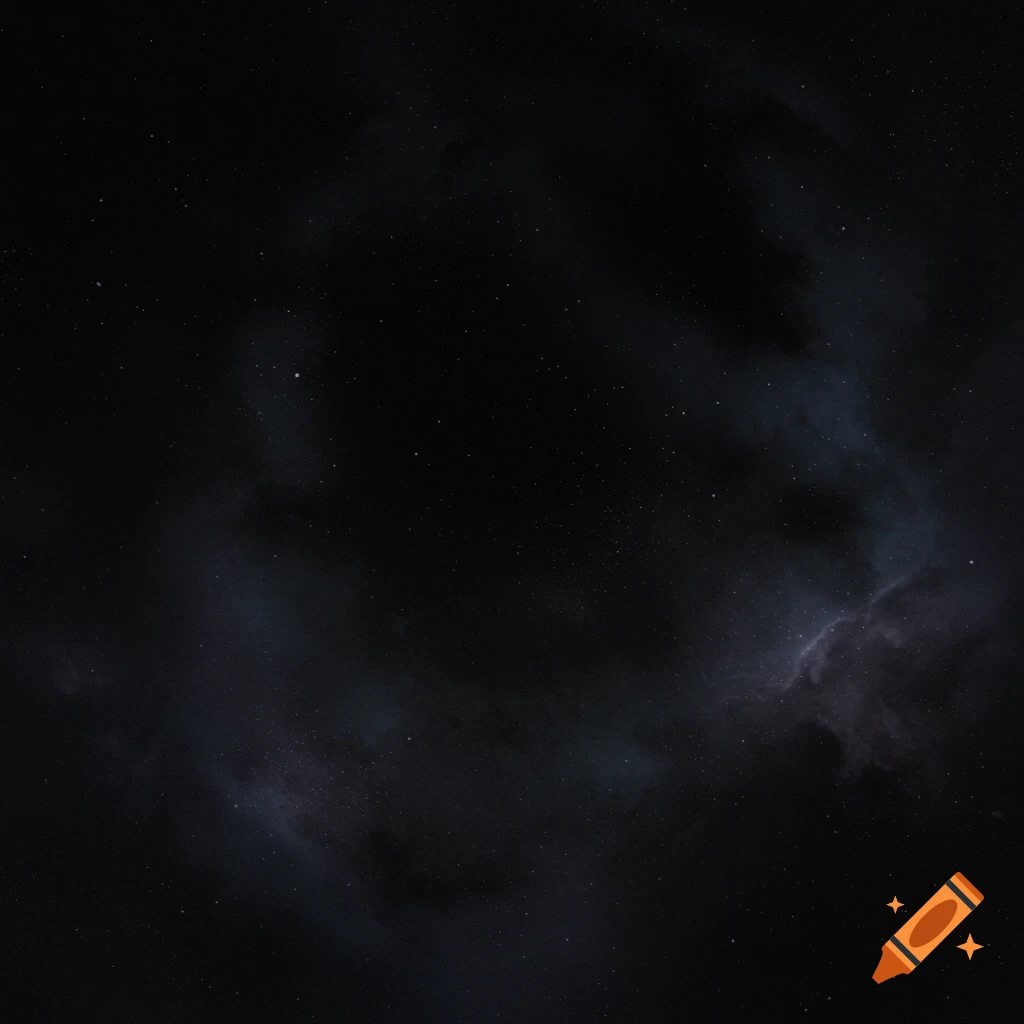 A dark cosmic scene with countless white stars scattered across a black background, with faint, wispy clouds of dark blue and purple gas visible.