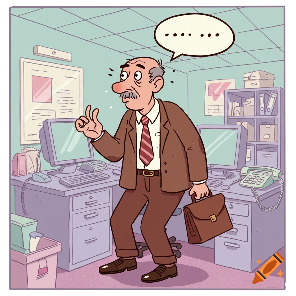 A cartoon of a male office worker with a briefcase, looking startled and thinking, in a cluttered office.