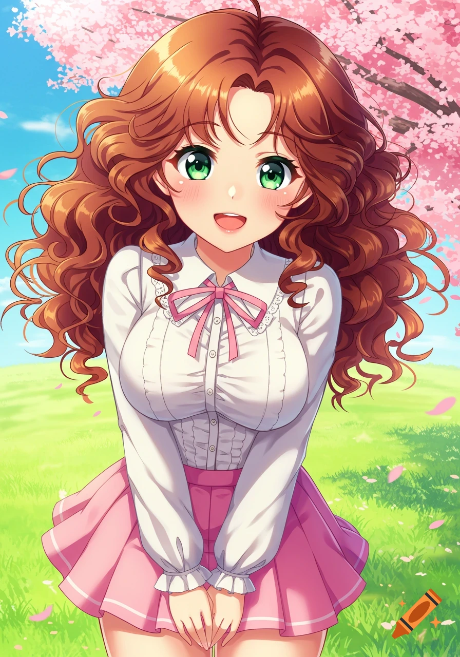 Anime girl with curly brown hair, green eyes, smiling in a white shirt and pink skirt, standing in a field under cherry blossoms.