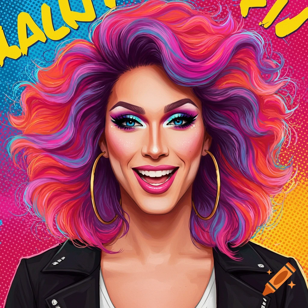 Vibrant illustration of a person with colorful, wavy hair, bold makeup, and large hoop earrings, smiling against a pop art background.