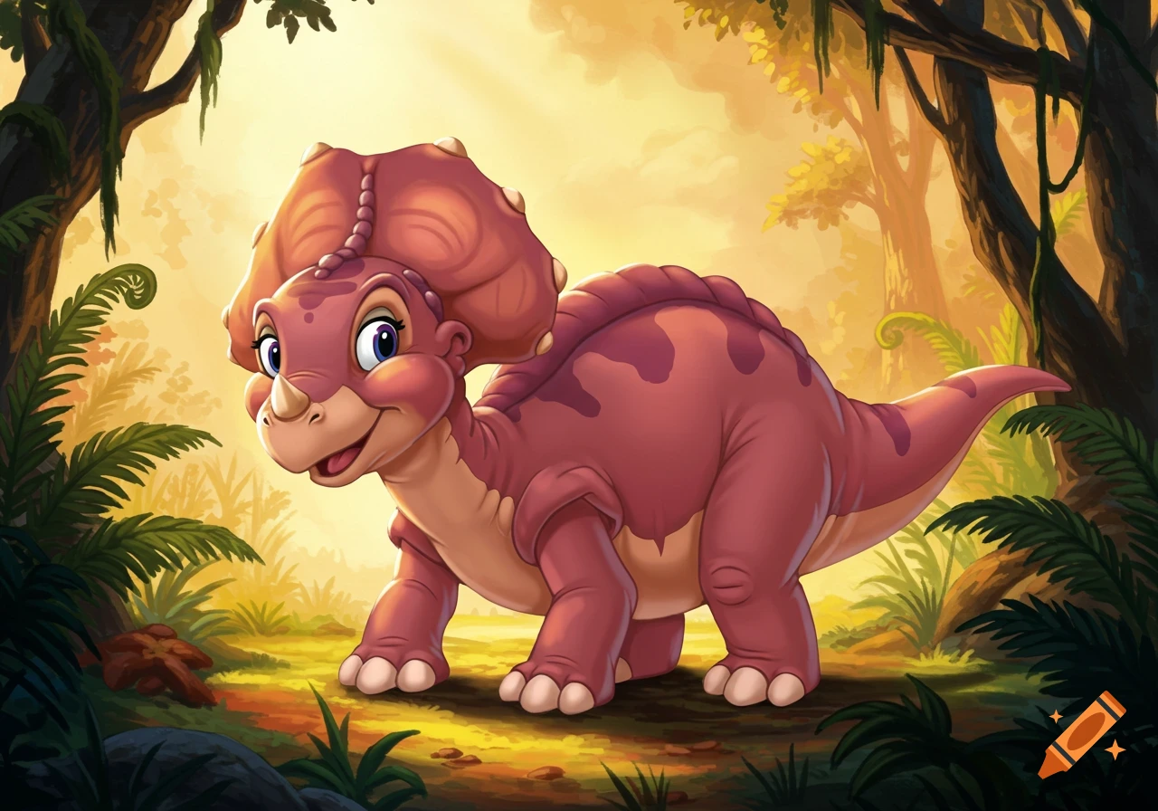 A cute, smiling baby pink triceratops with large blue eyes stands in a vibrant, sunlit jungle.