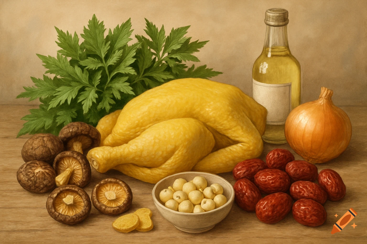 A still life painting of ingredients for a Vietnamese dish, featuring a whole raw yellow chicken, shiitake mushrooms, mugwort leaves, red dates, lotus seeds in a bowl, a bottle of oil, and an onion on a wooden surface.
