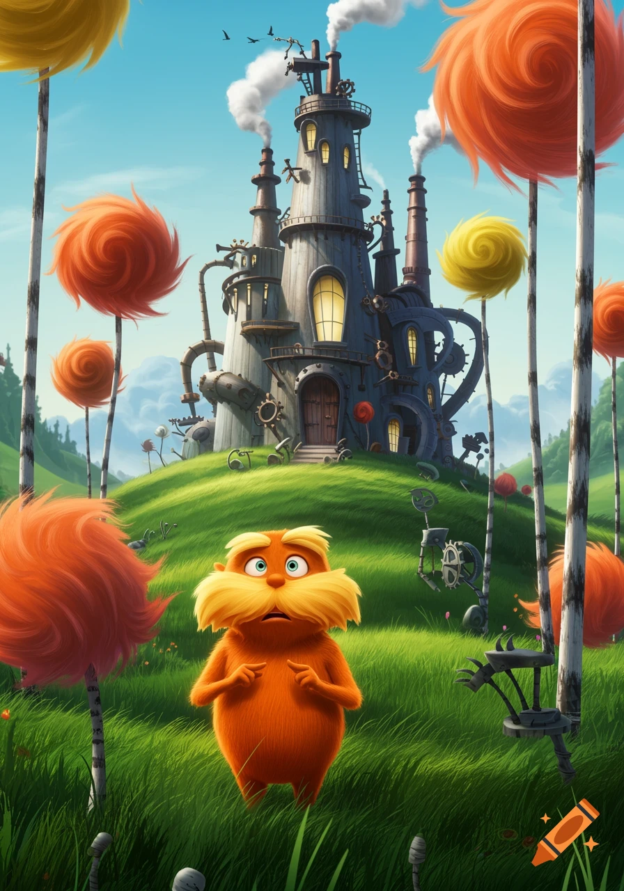 The Lorax stands in a bright green field with colorful Truffula trees and a whimsical, industrial factory building behind him under a blue sky.