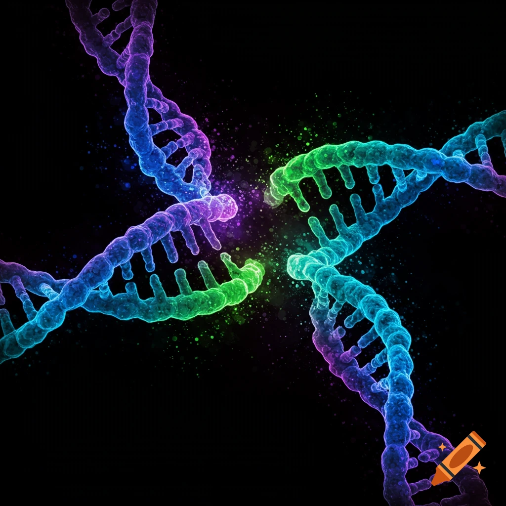 Colorful DNA strands twist and separate against a black background, with vibrant purple, blue, and green hues.