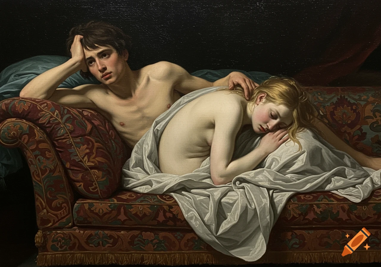 A classical painting of a young man and woman, partially draped, on a patterned couch in a dimly lit room.