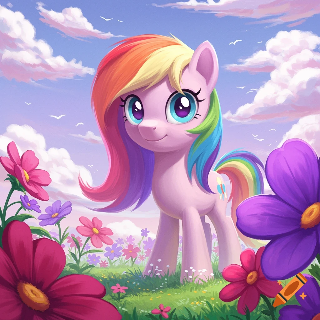 A bright pink cartoon pony with a rainbow mane and tail stands in a field of colorful flowers under a cloudy sky.