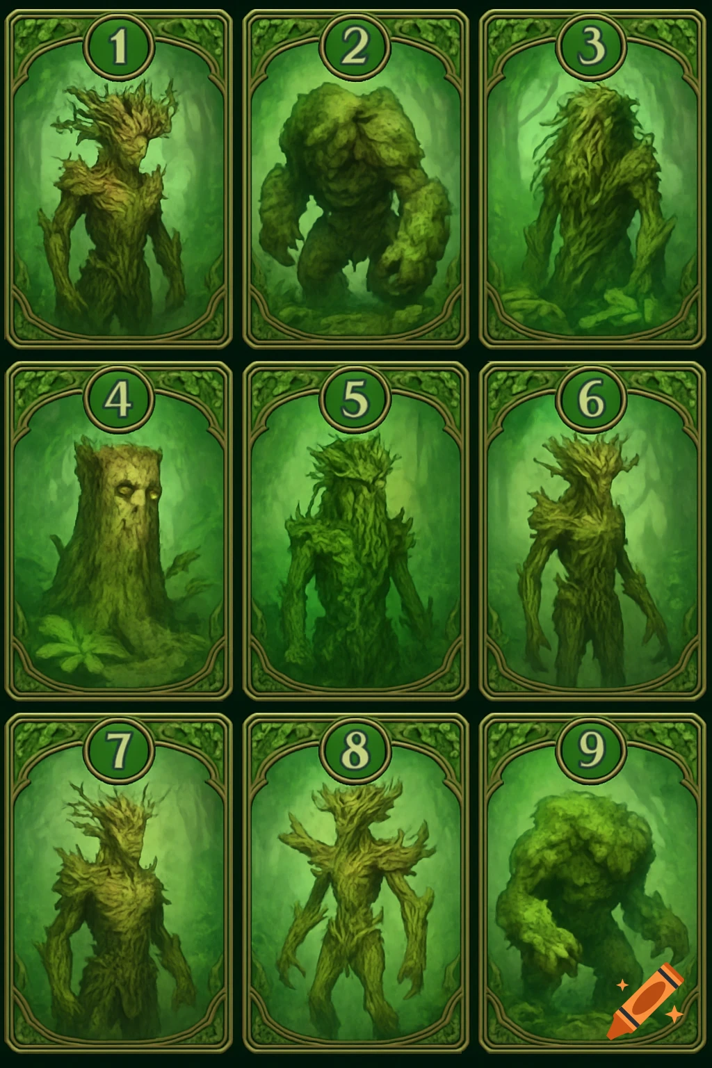 Nine green fantasy trading cards, each featuring a unique wood elemental creature ranging from tree-like humanoids to mossy beasts, against a dark green background with ornate borders. Each card has a number from 1 to 9 in the top center.