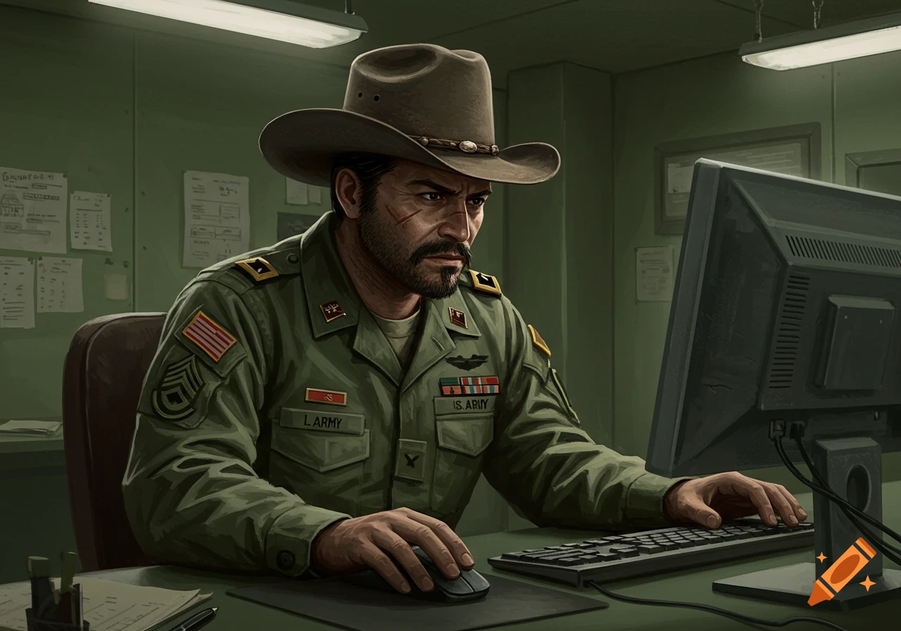 Man in military uniform and cowboy hat works on computer in an office.