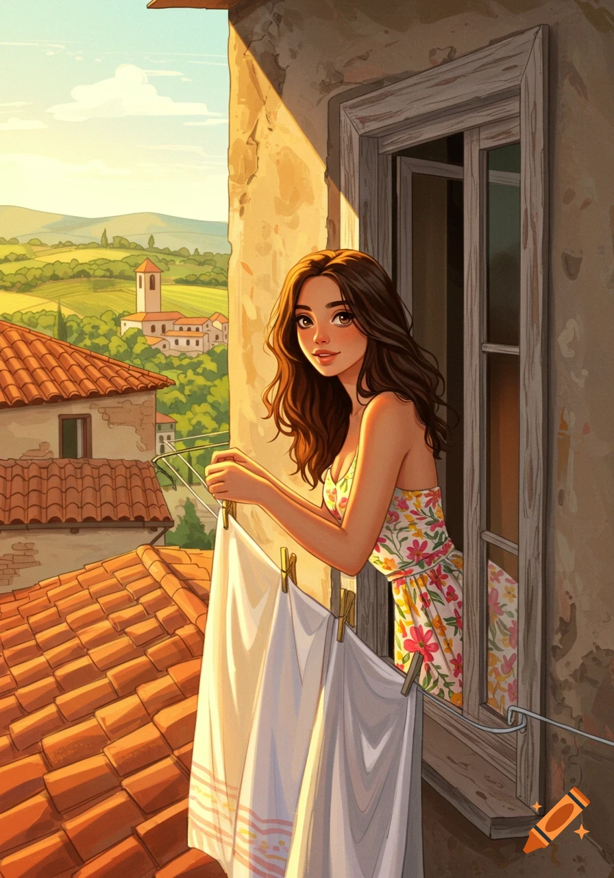 Illustrated young woman hanging laundry from a window overlooking a sunny Italian village with terracotta roofs and green hills.