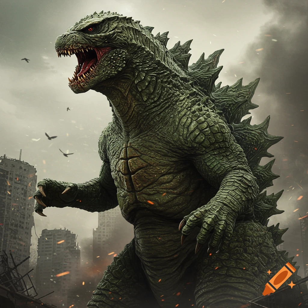 A hyper-realistic depiction of Godzilla roaring amidst the ruins of a destroyed city under a stormy sky.