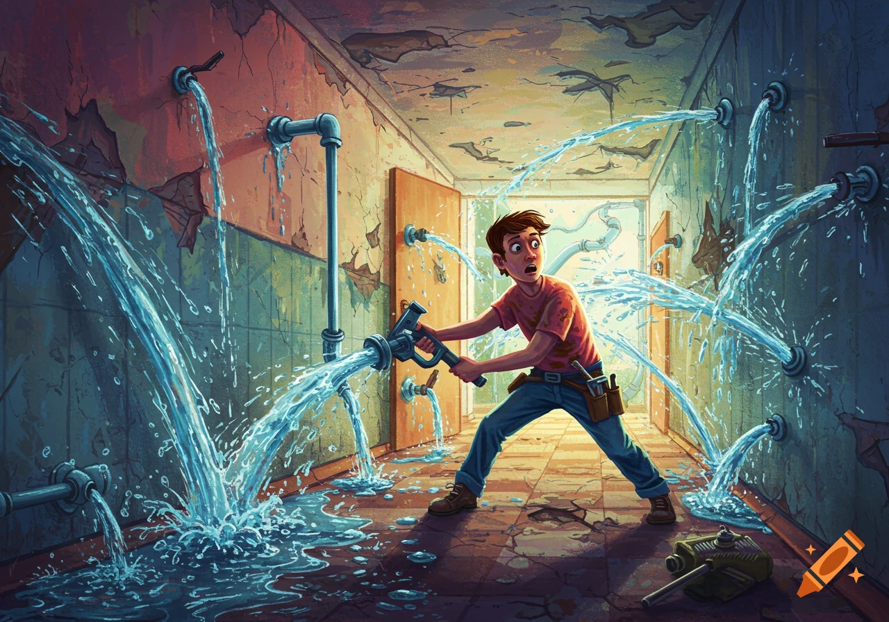 A cartoon plumber in a dilapidated hallway tries to fix one leak while many more pipes burst, spraying water everywhere.