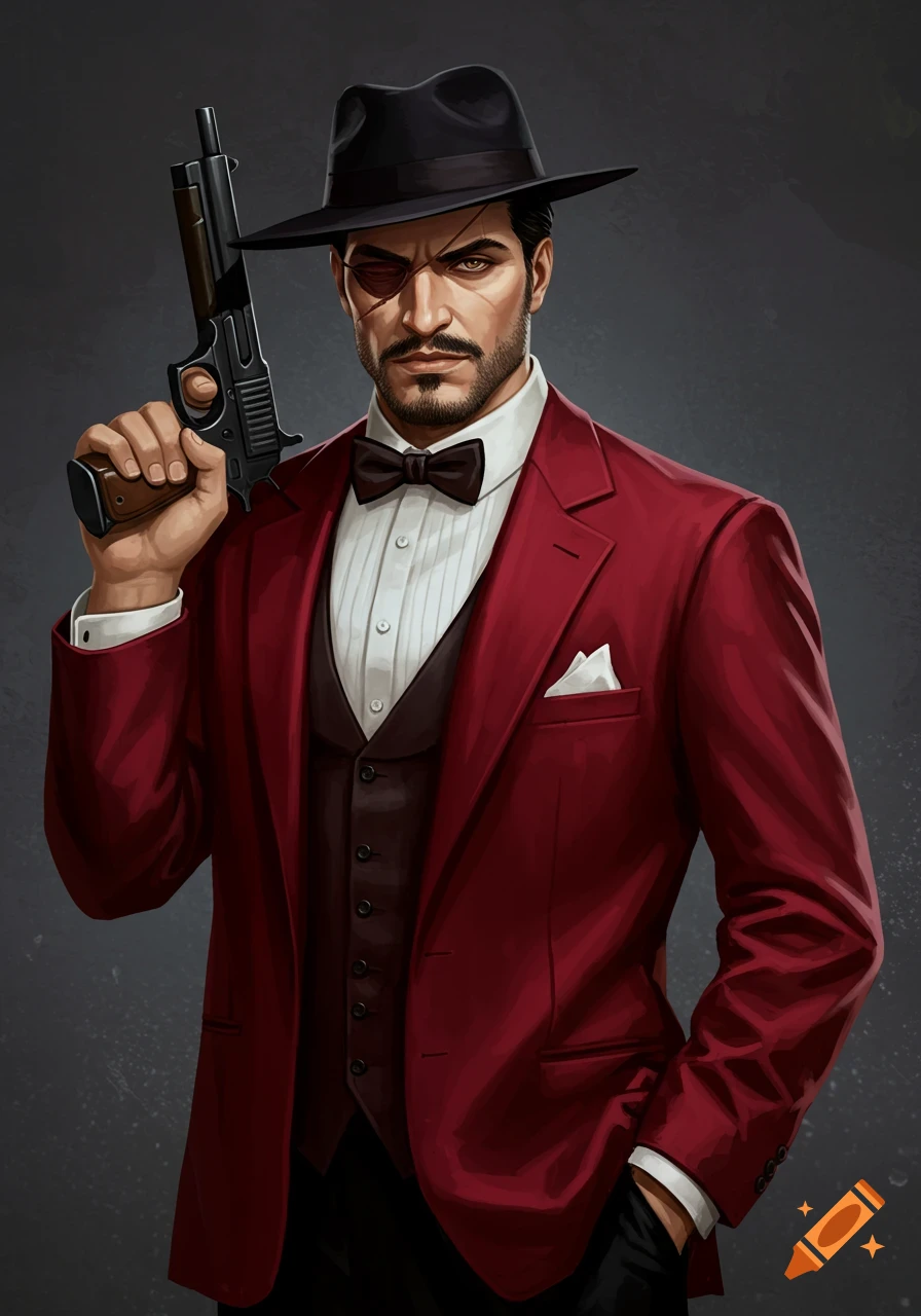 A stern Italian mafia boss in a red tuxedo, black fedora, and eye patch holds a pistol, with stubble and a scar on his face.