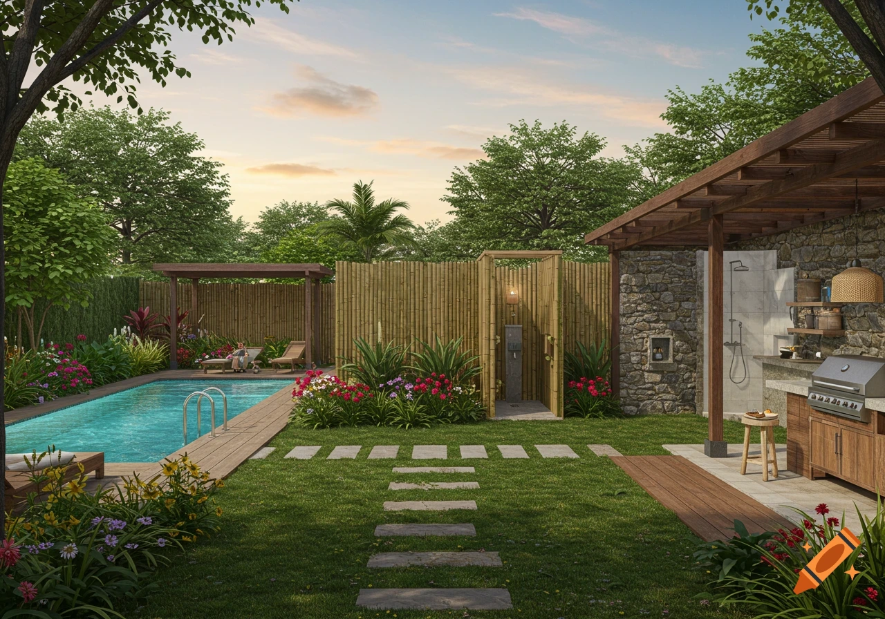 Photorealistic backyard with a swimming pool, lush garden, outdoor shower area, and stone outdoor kitchen with a grill.