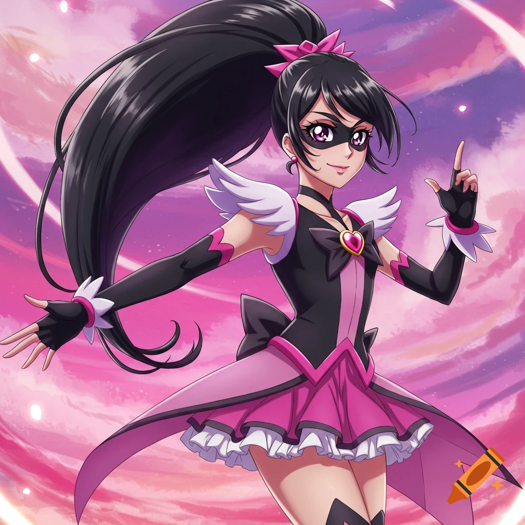 Anime girl with black hair in a high ponytail, wearing a black and pink magical girl outfit, posing against a pink and purple sky.