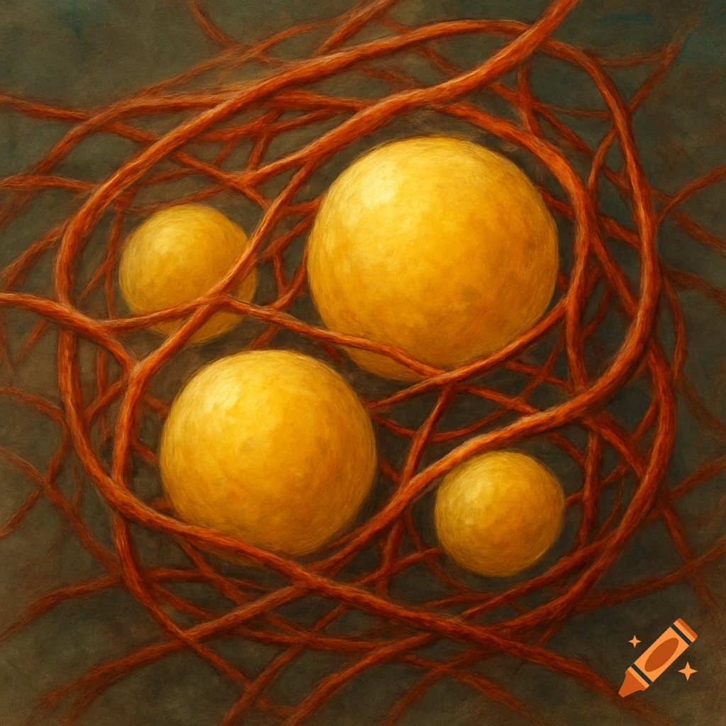 Abstract yellow spheres caged by interwoven reddish-brown filaments against a dark, textured background, resembling a biological illustration.